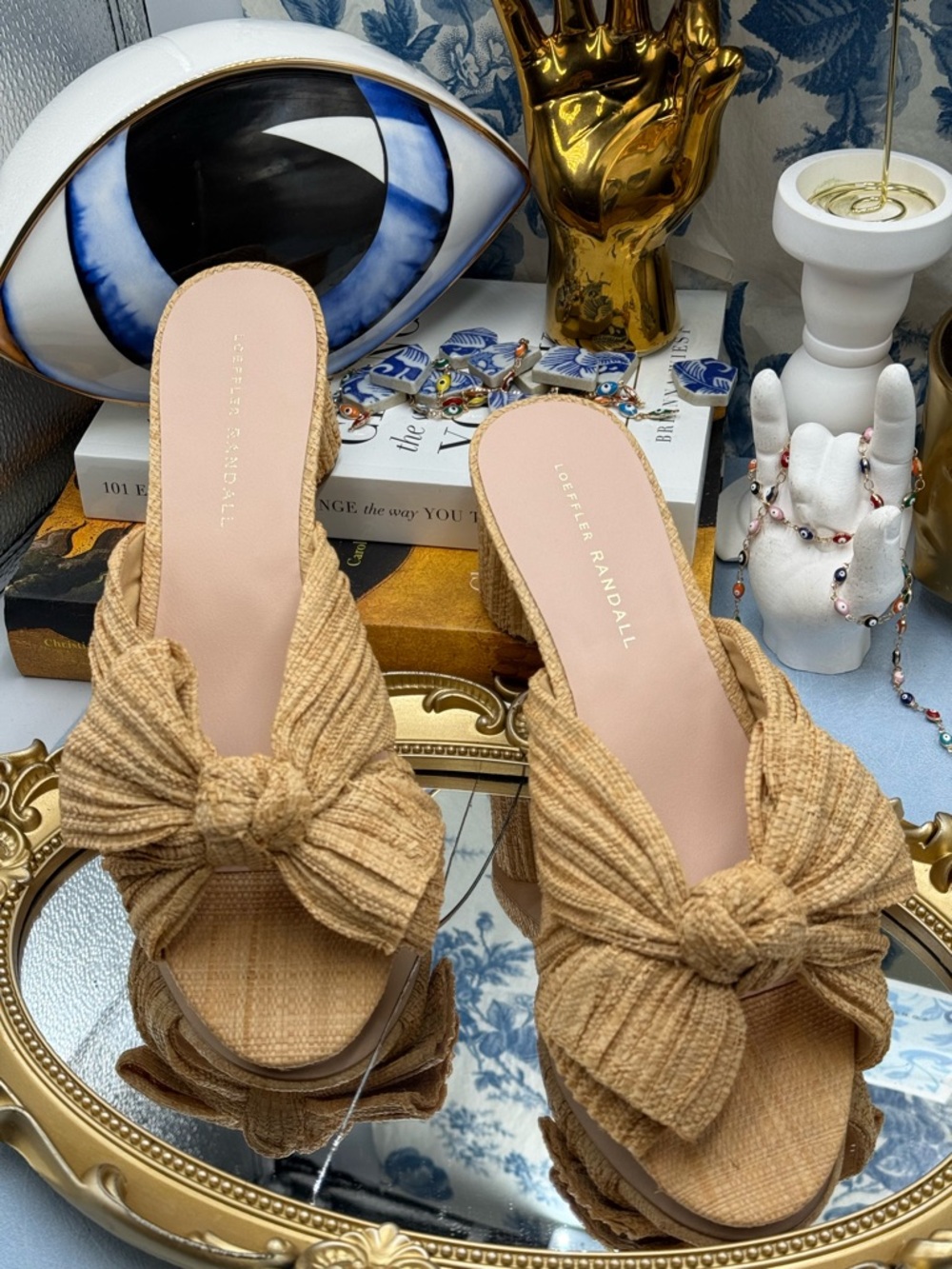 Loeffler Randall Tan Bow Knot Raffia Block Heel Mules - Picture 4 of 16